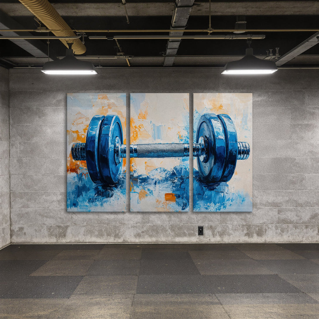 Canvas Print of a blue dumbbell in an abstract, textured style. Modern wall art with a blue, orange, and white color palette. Perfect for a gym or home decor.