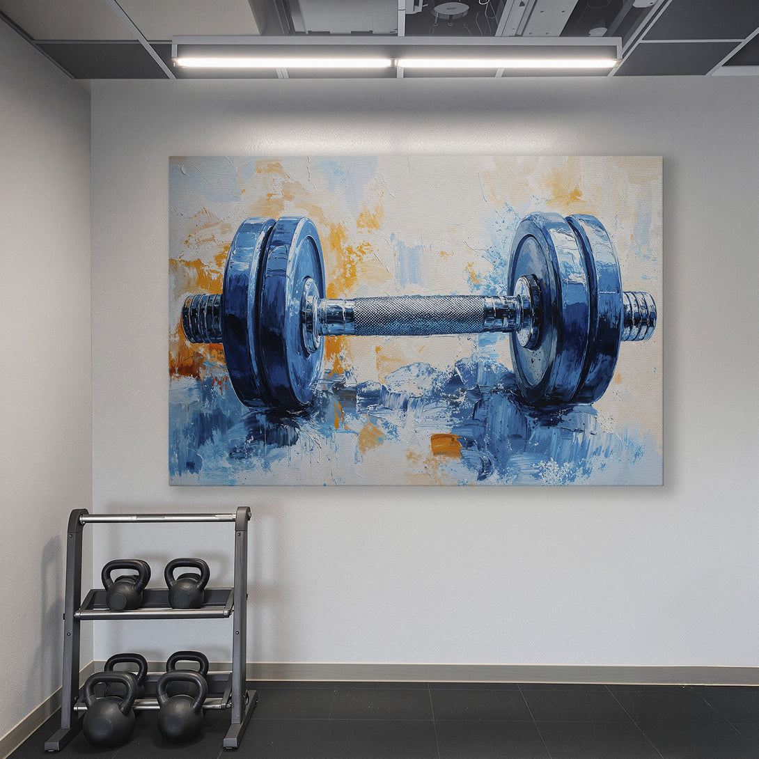 Framed Wall Art of a blue dumbbell painting. Modern, abstract style with blue, orange, and white color palette. Perfect for a home gym!