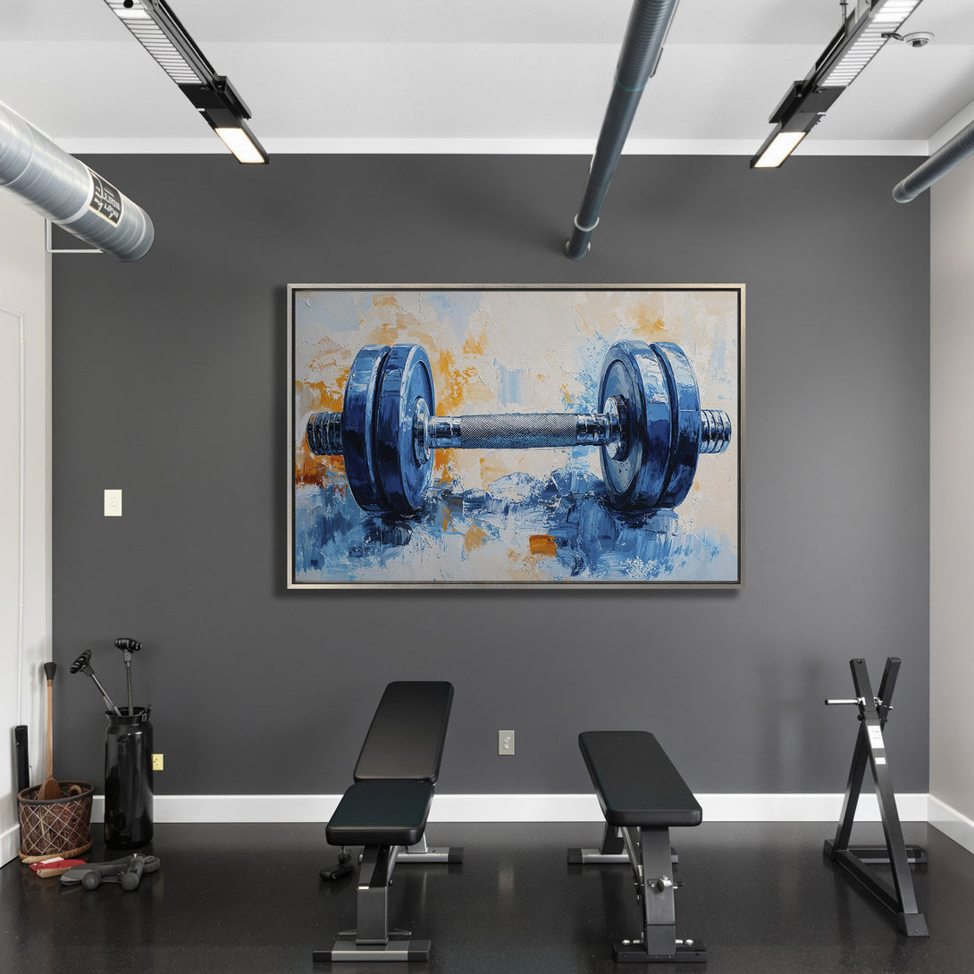 Framed Wall Art: Bold blue dumbbell painting in a modern gym. Abstract style with a vibrant blue and orange color palette. Elevate your space!