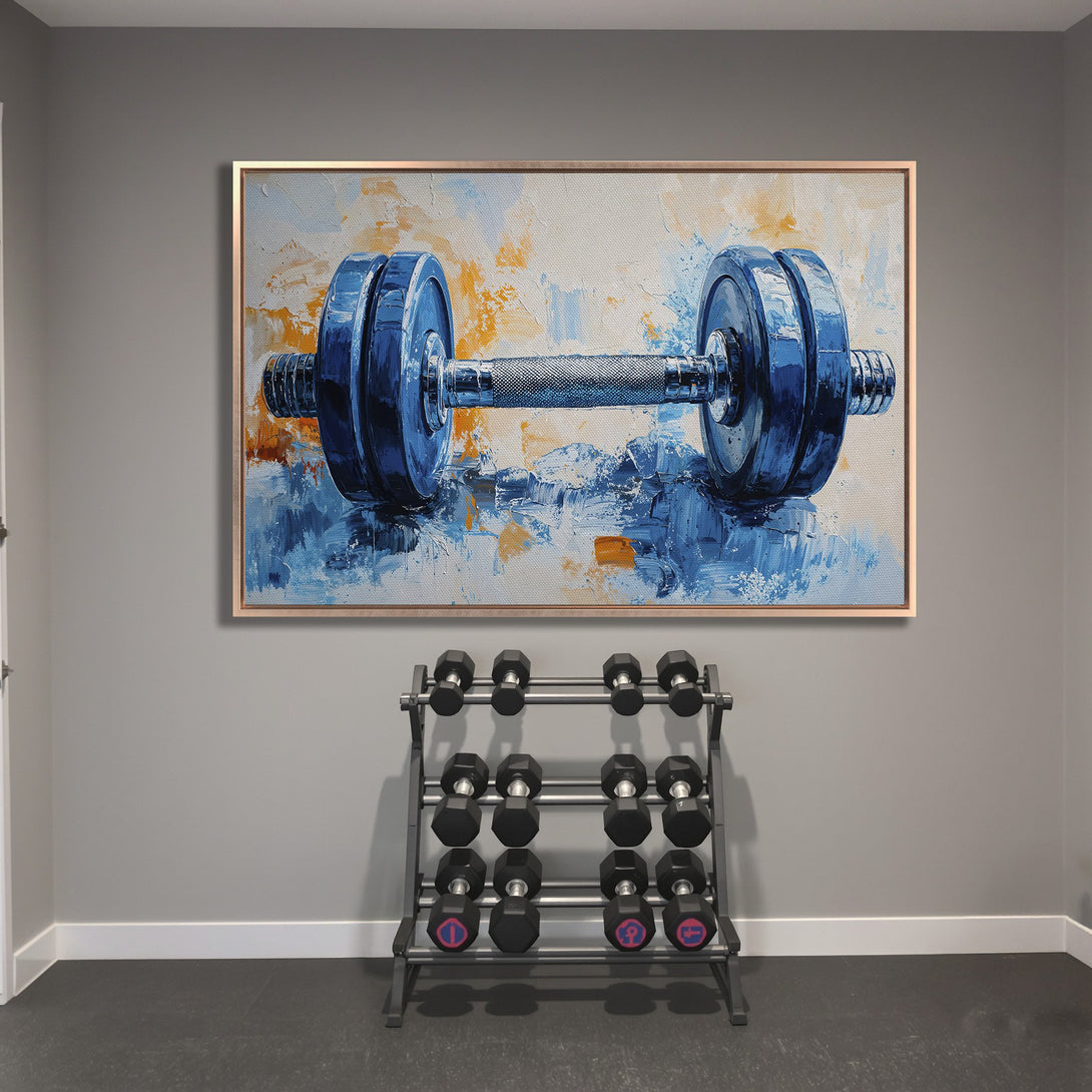 Framed Wall Art: Abstract blue dumbbell painting on canvas, perfect for a home gym. Modern art with a vibrant blue and orange palette.