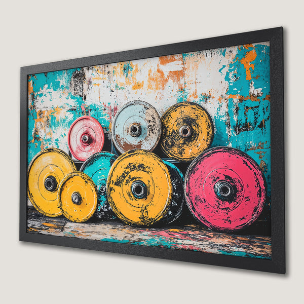 Framed Poster featuring colorful weight plates artwork. Bold abstract style with vibrant teal, yellow, and pink hues.