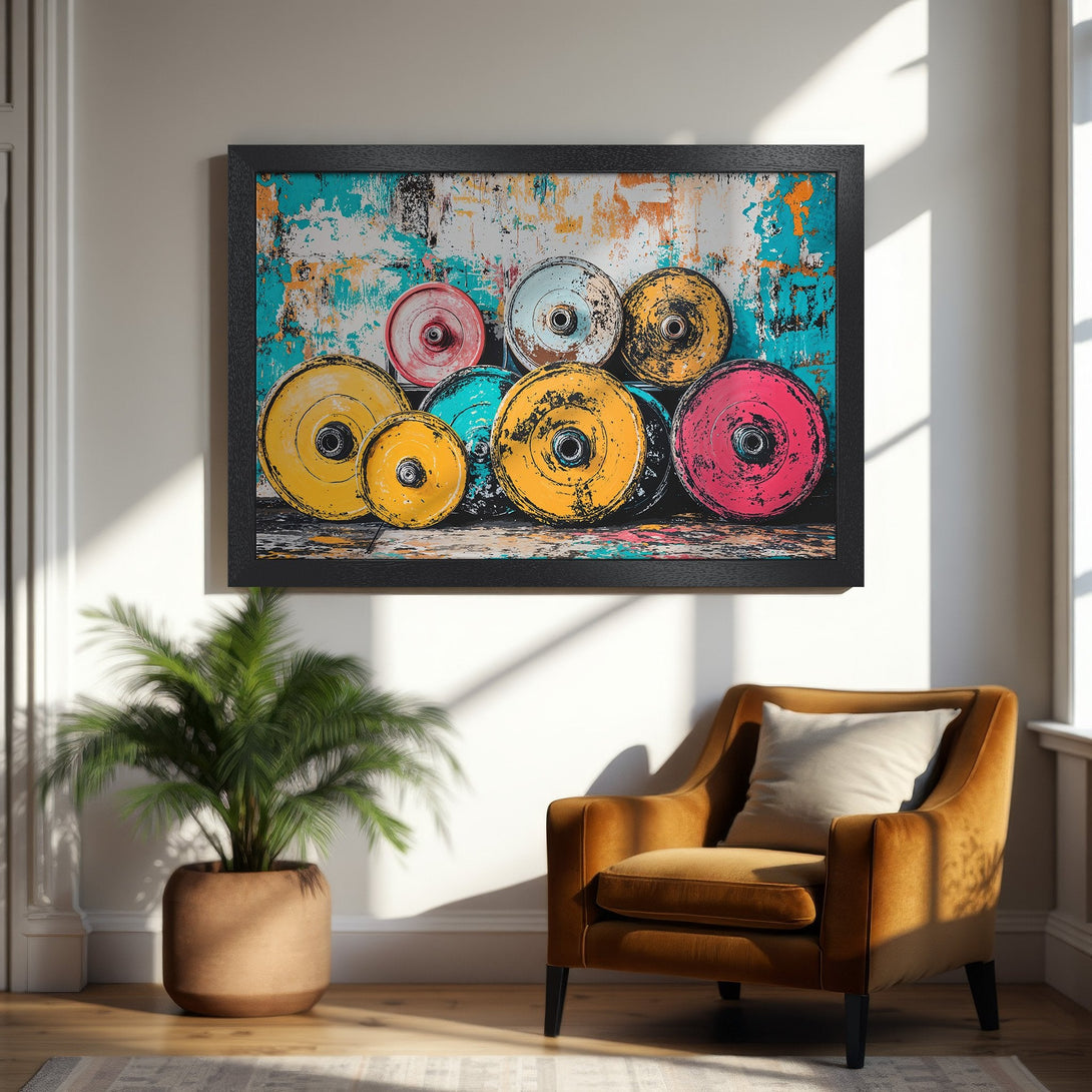 Framed Poster featuring colorful weight plates in an abstract style. Vibrant teal, yellow, and pink color palette. Perfect wall art!