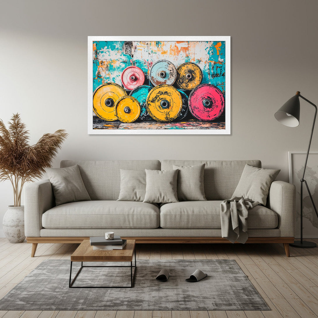 Framed Poster featuring colorful weight plates against a distressed wall. Pop art style with a vibrant, multi-color palette. Perfect wall art!