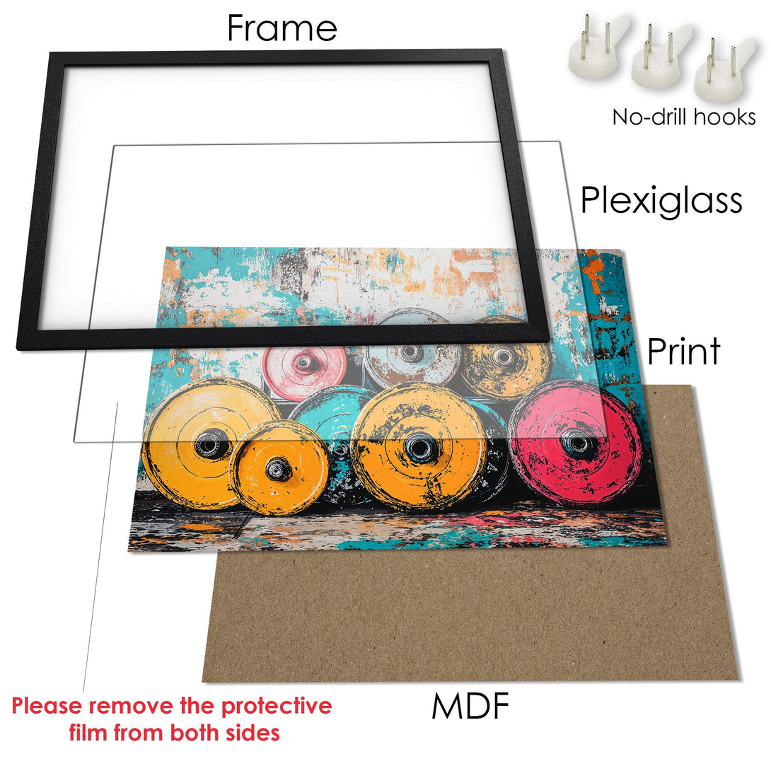 Framed Poster featuring abstract weightlifting plates in vibrant colors. Perfect wall art to elevate your space!