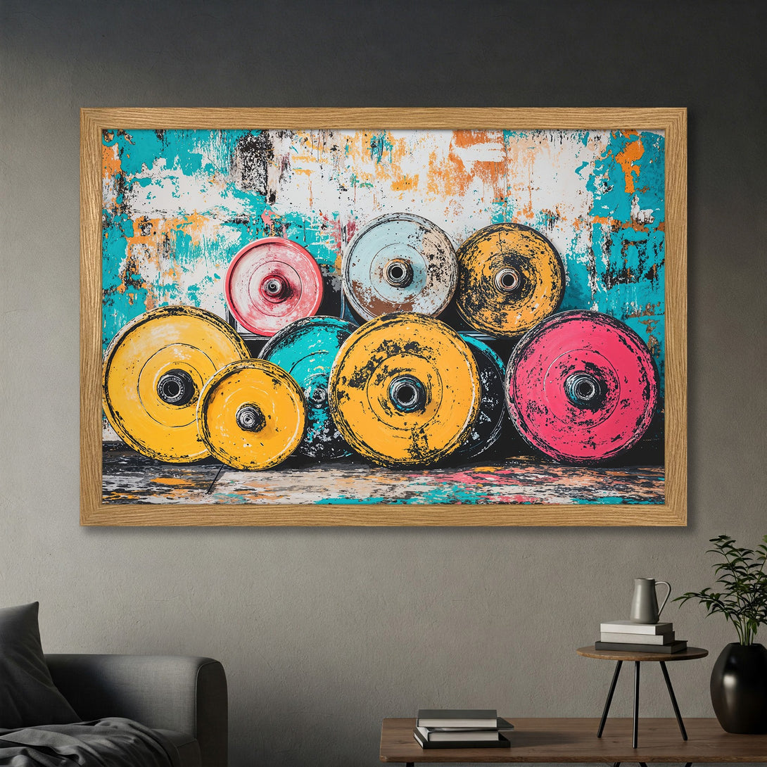 Framed Poster featuring colorful weight plates against a textured background. Modern art style with a vibrant teal, orange, and yellow palette.