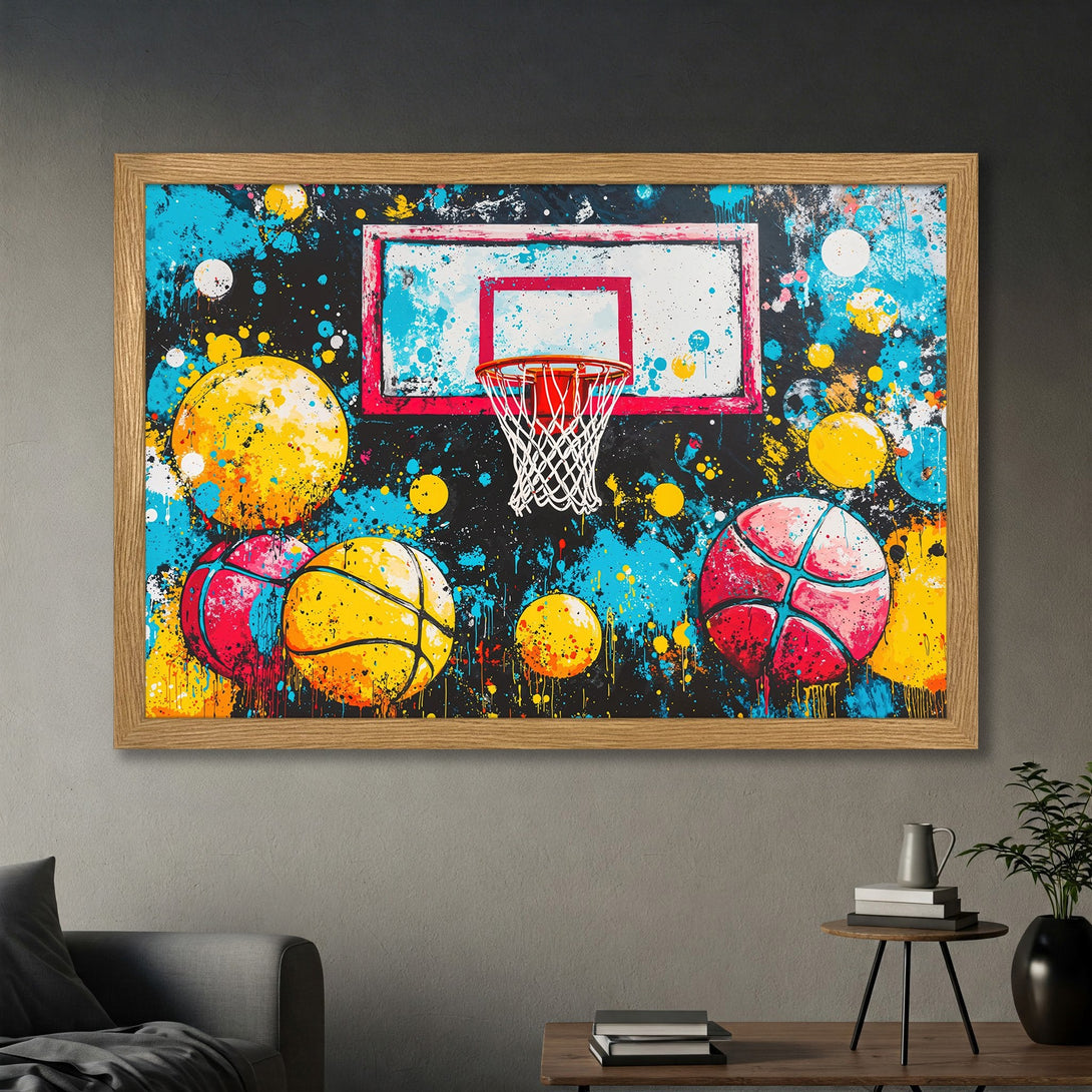 Framed Poster featuring a vibrant basketball hoop art print. Bold, abstract style with a colorful palette of blue, yellow, and red. Perfect wall decor!