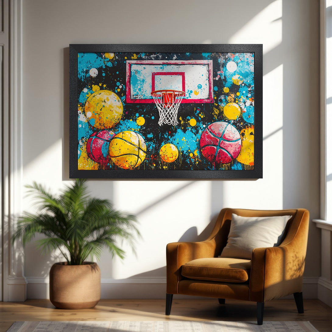 Framed Poster featuring a basketball hoop and balls in a vibrant, abstract style with a colorful palette. Perfect wall art for any space!