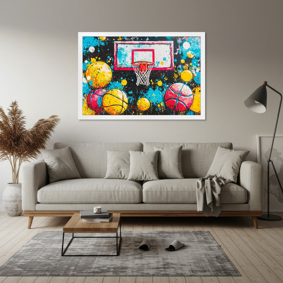 Framed Poster featuring a vibrant basketball art print with a colorful splatter style. Bold, modern design with a blue, yellow, and red palette.