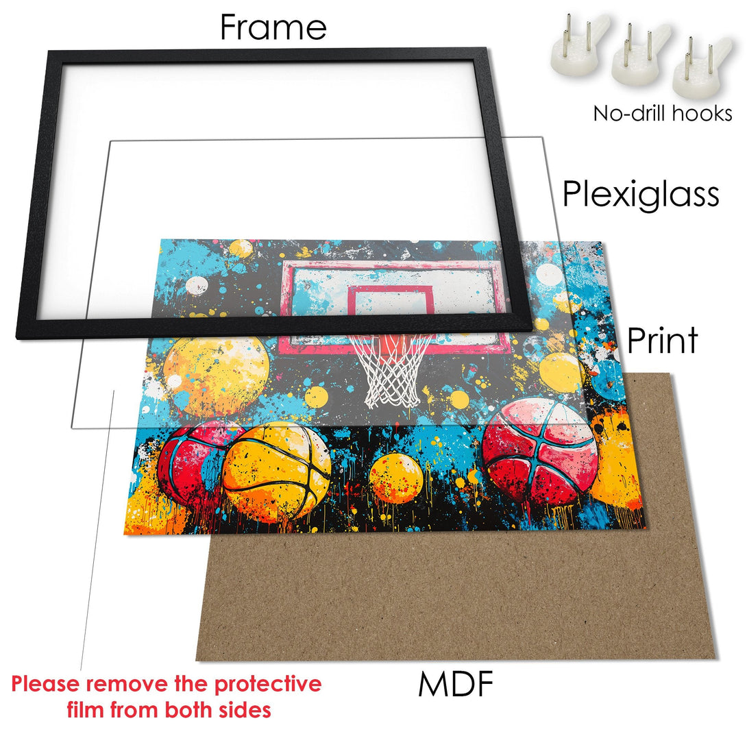 Framed Poster: Basketball art print in vibrant colors. Modern style, perfect for sports fans! Ready to hang.