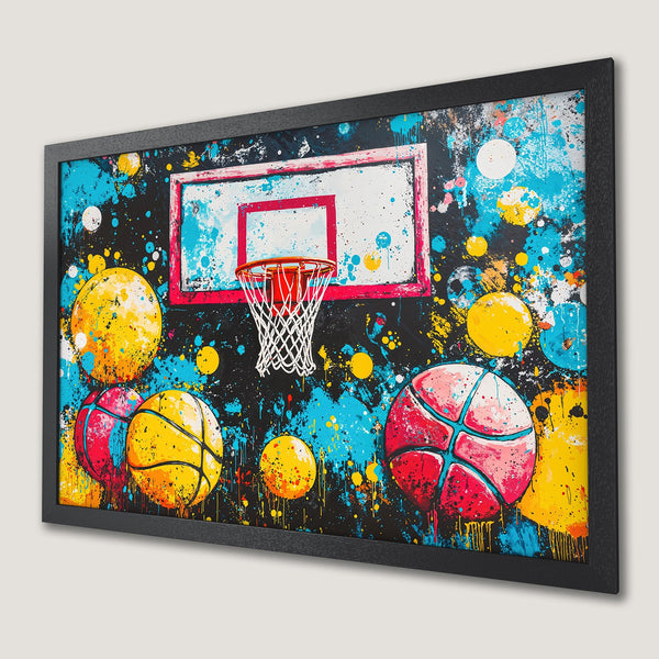 Framed Poster featuring a basketball hoop and balls, vibrant abstract art with a black, blue, yellow, and red color palette.