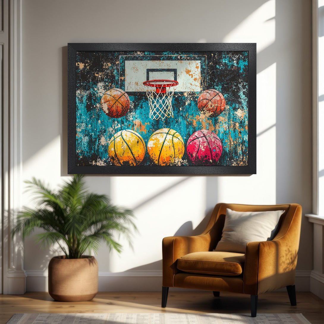 Framed Poster featuring a basketball hoop and balls. Abstract style with a blue, orange, and yellow color palette. Perfect wall art!