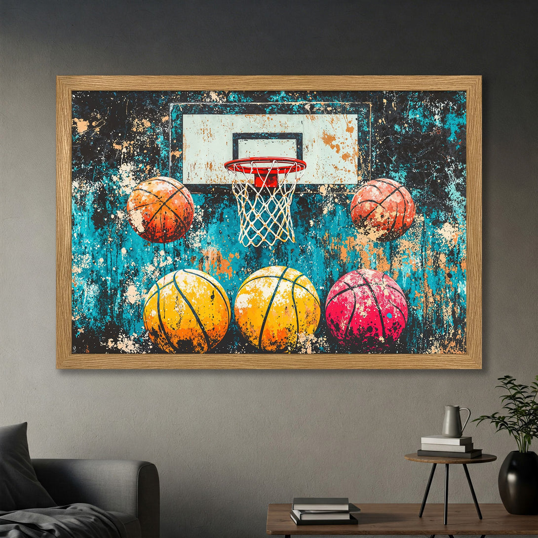 Framed Poster featuring a basketball court scene in an abstract style with a vibrant teal, orange, and yellow color palette. Perfect wall art!