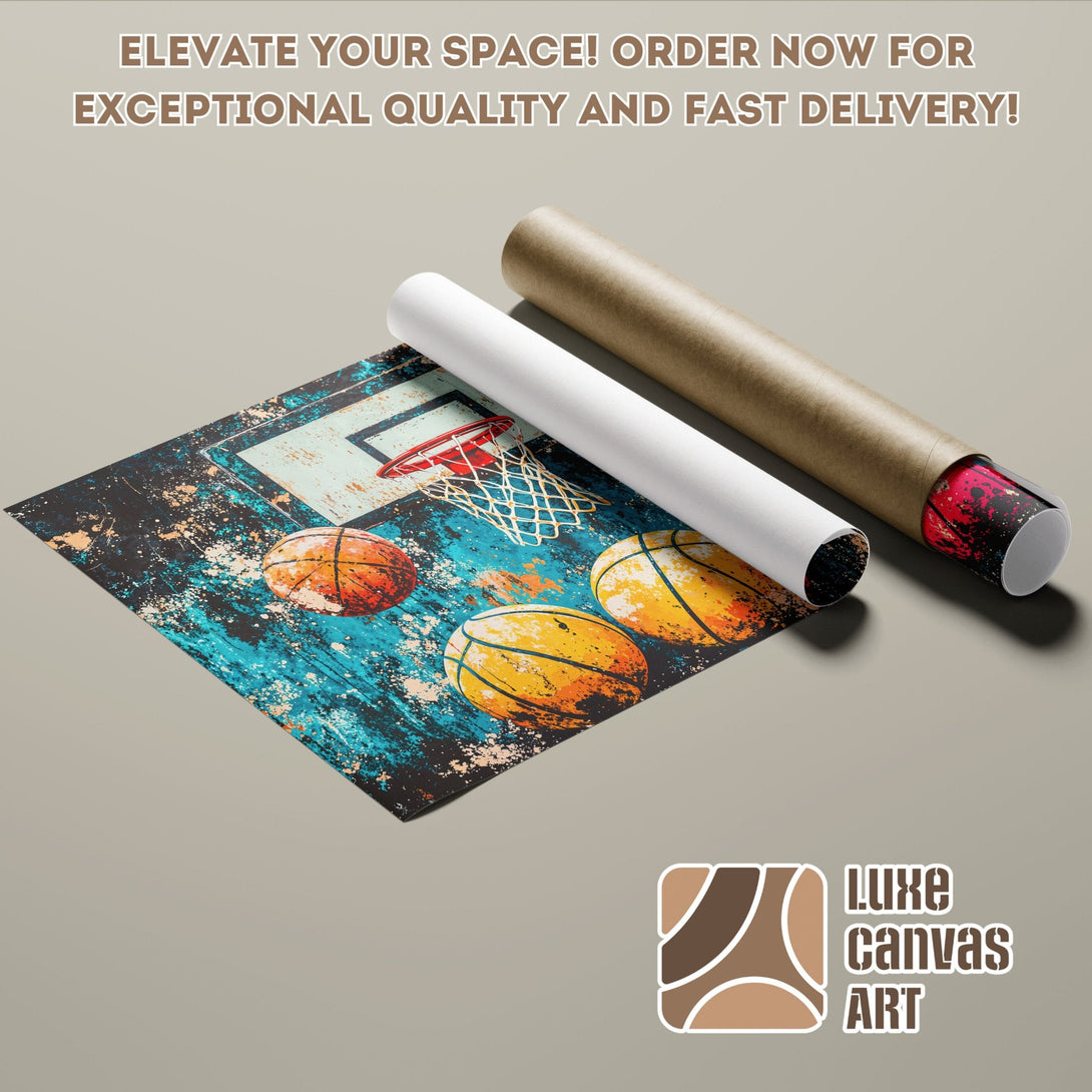Basketball Poster Roll, abstract art with blue, orange, and black color palette. Elevate your space!