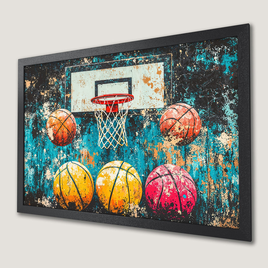 Framed Poster featuring a basketball court art print. Abstract style with a vibrant blue, orange, and black color palette. Perfect wall decor!