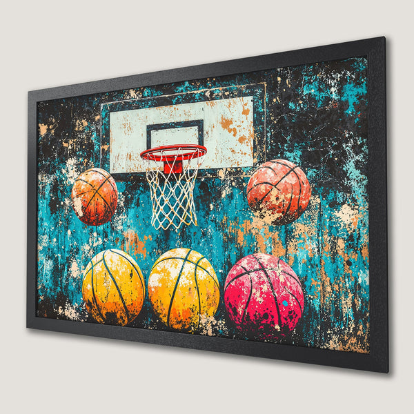 Framed Poster featuring a basketball court art print. Abstract style with a vibrant blue, orange, and black color palette. Perfect wall decor!
