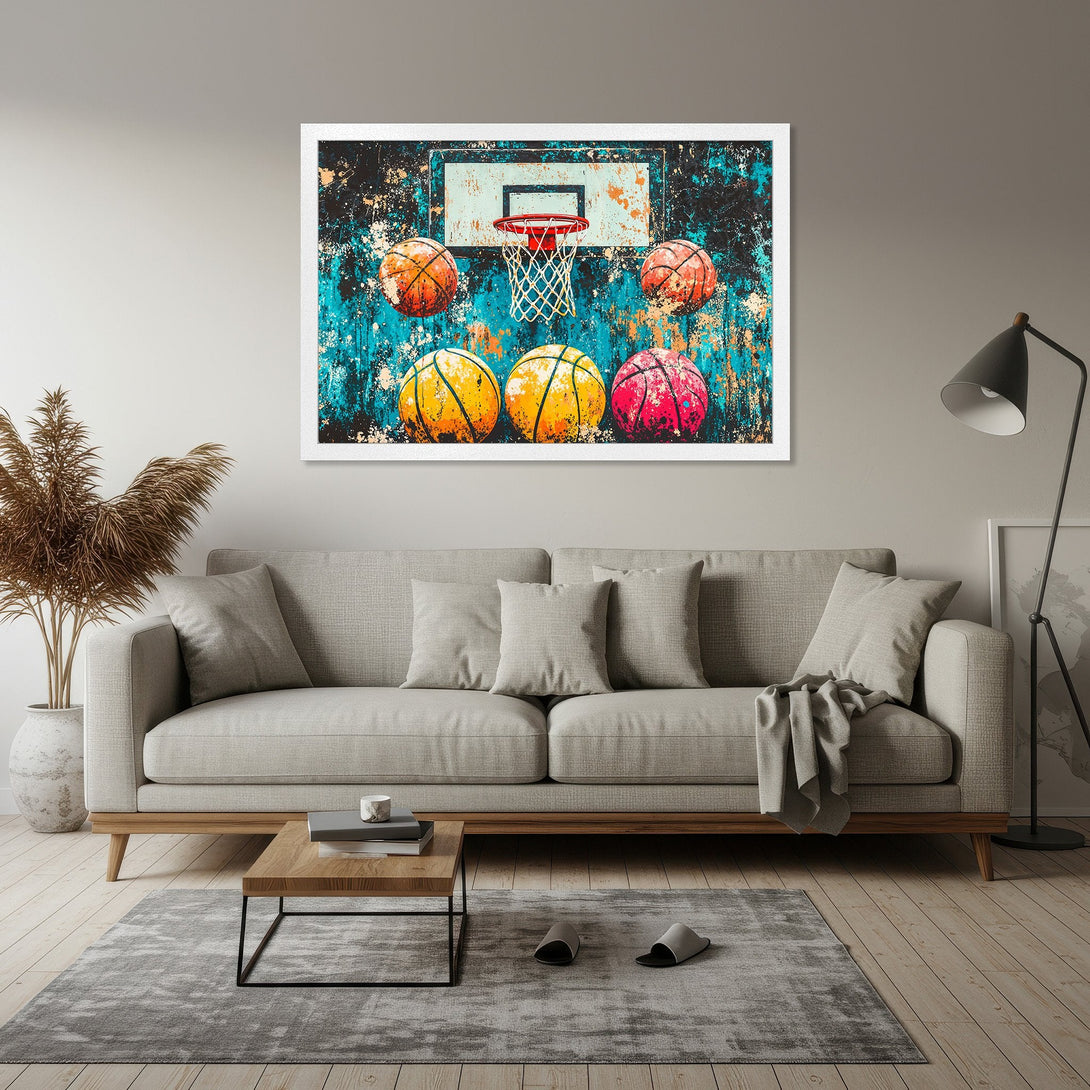 Framed Poster featuring a basketball hoop and colorful basketballs in an abstract style with a blue, orange, and red palette.