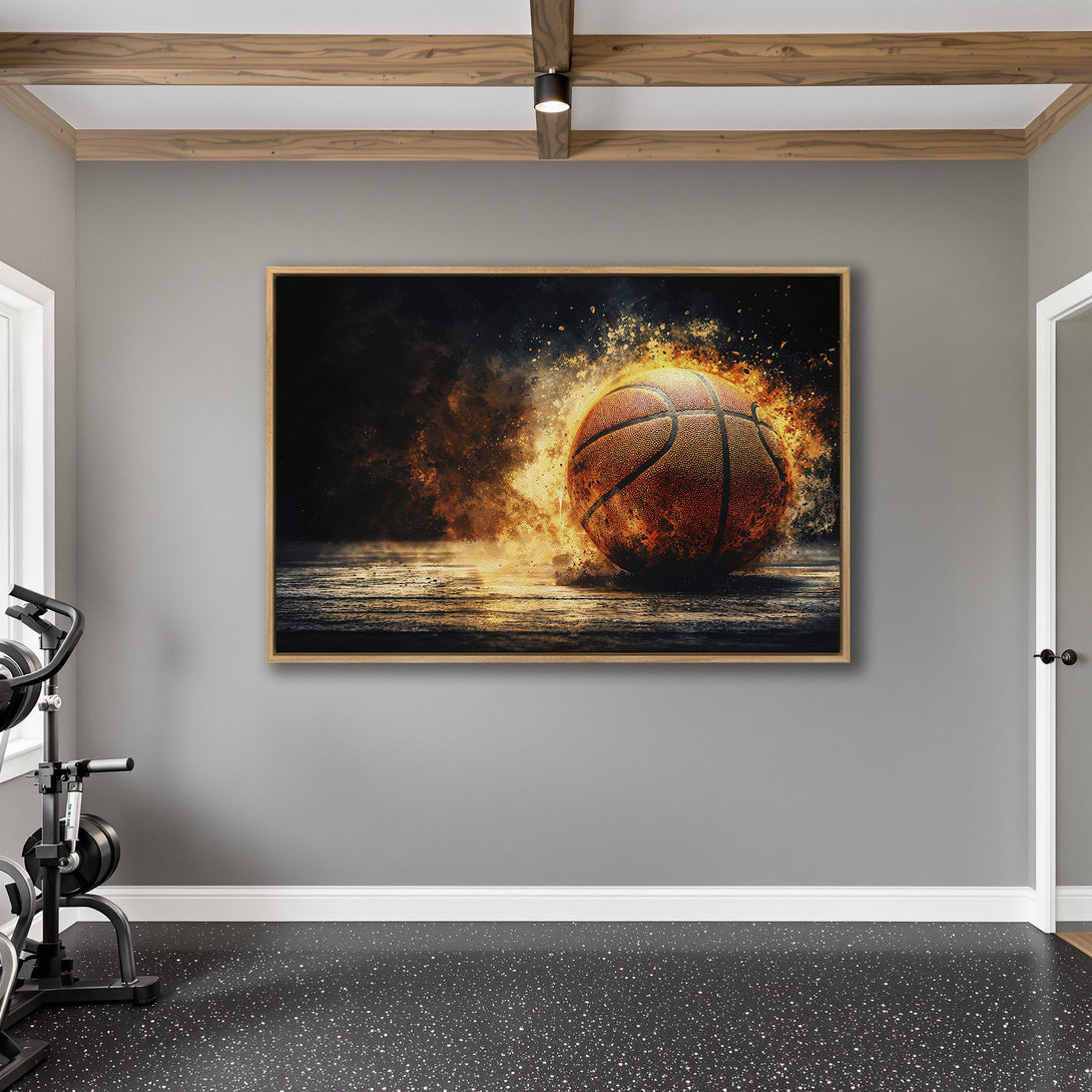 Framed Wall Art: Fiery basketball art in warm orange and black tones. Modern sports decor for home gyms and game rooms. Add energy to your space!