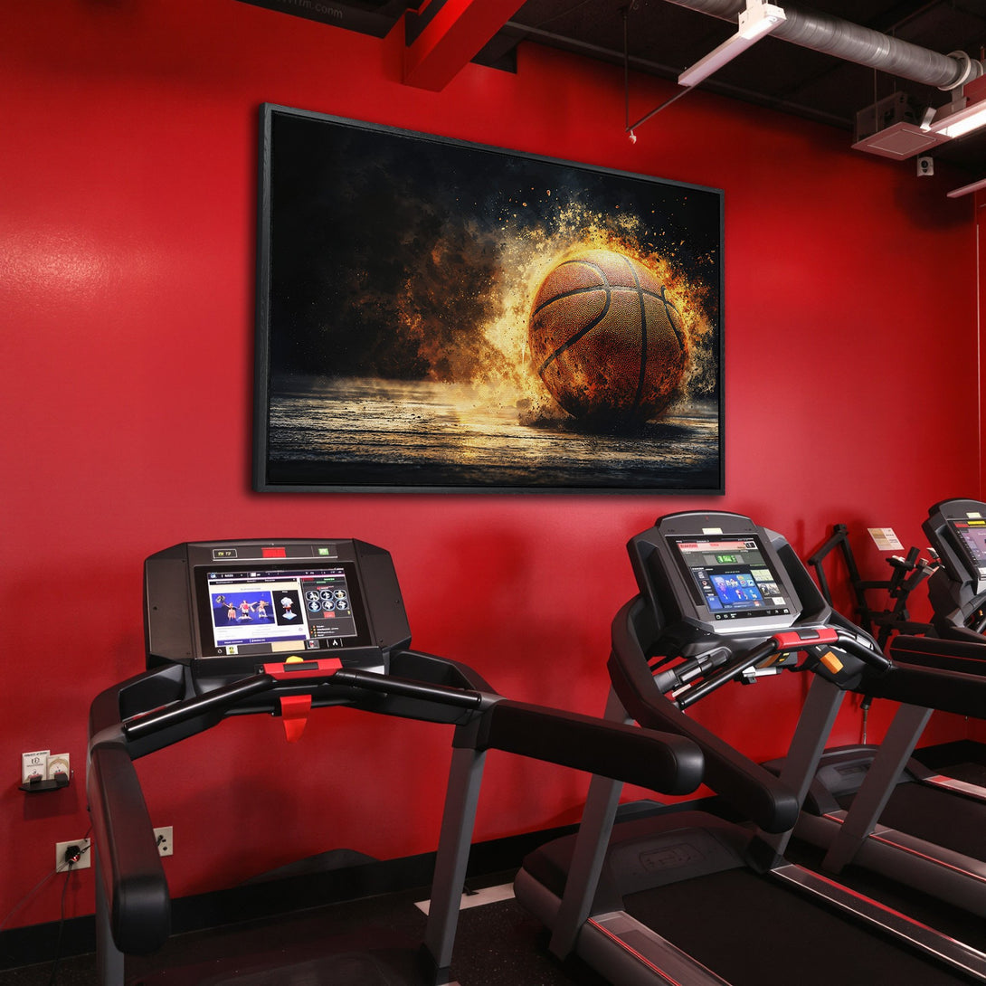 Framed Wall Art: Fiery basketball art in a gym setting. Dramatic, action-packed canvas print with warm orange and red hues. Perfect for sports enthusiasts!