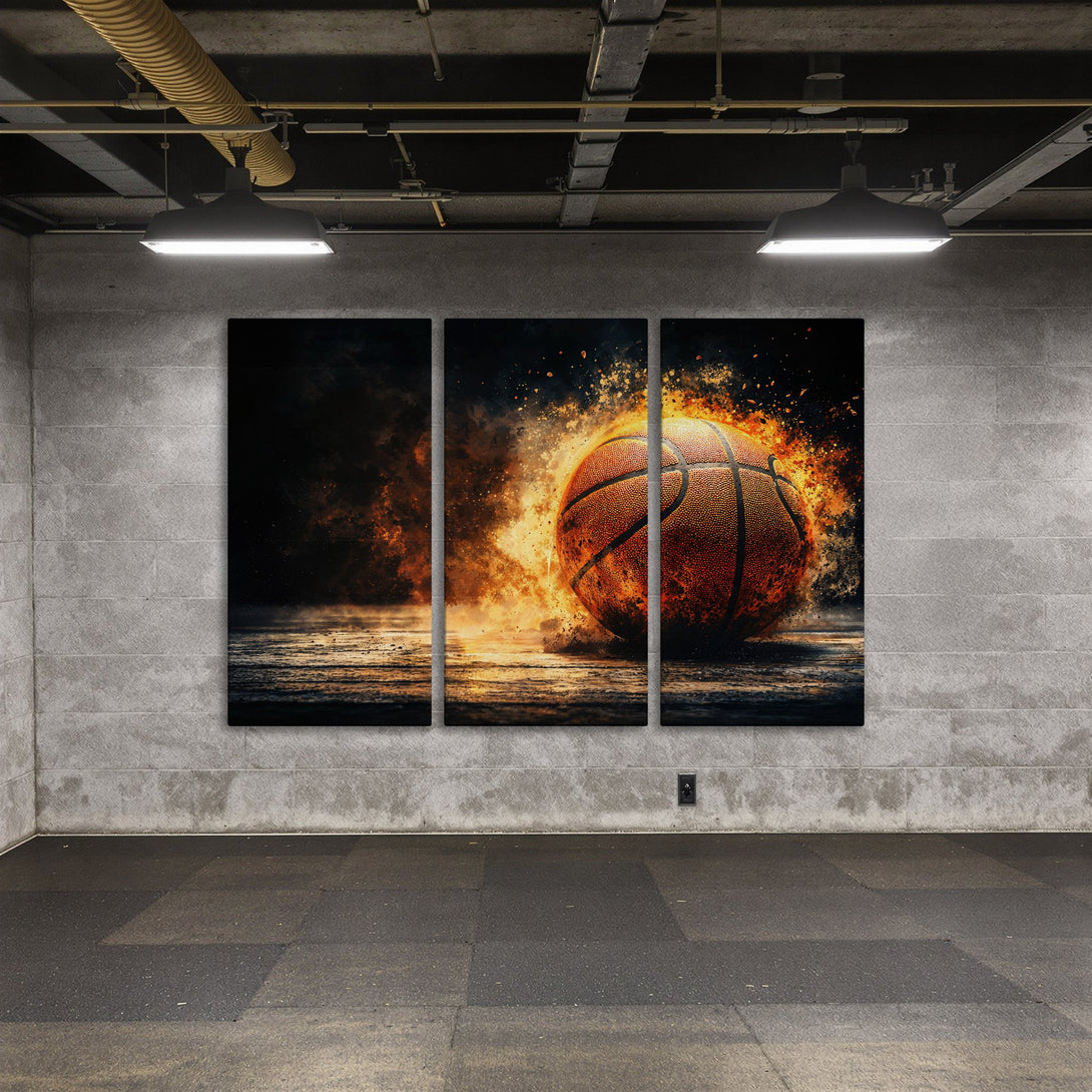 Canvas Print: Dynamic basketball art in fiery orange and black. Modern sports decor for your space. Elevate your wall art with this striking piece.
