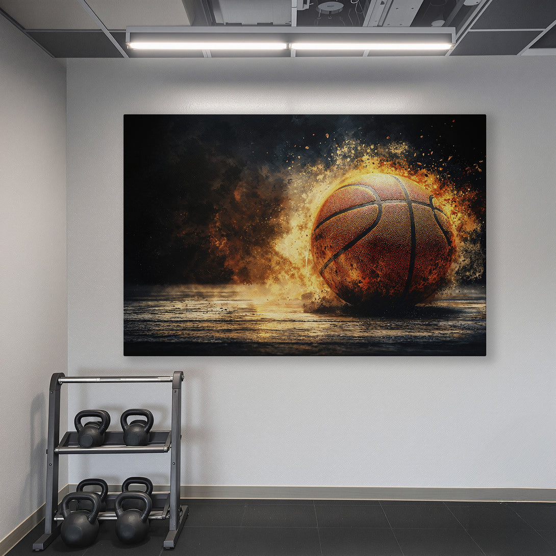 Framed Wall Art: Fiery basketball canvas print in a modern gym. Bold orange and black artwork against a teal wall. Elevate your space with sports art!