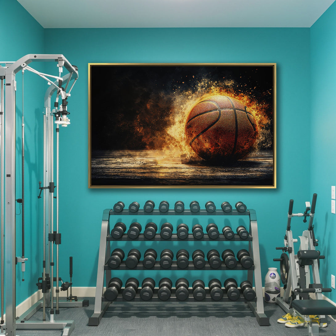 Canvas Print featuring a fiery basketball in a modern interior. Dramatic art with warm orange and black tones. Perfect for sports fans!