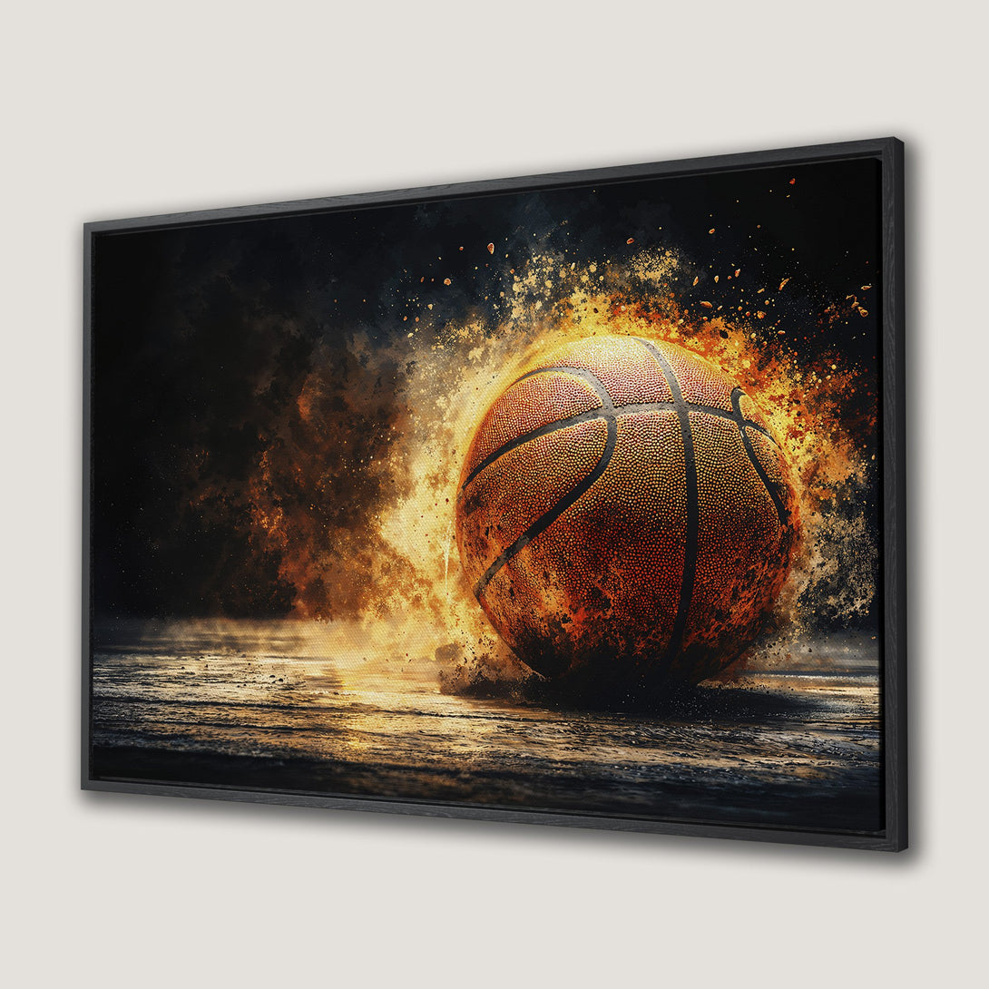 Framed Wall Art: Dynamic basketball bursting with flames. Abstract, fiery style in orange, black, and gold. Perfect sports decor for any space.
