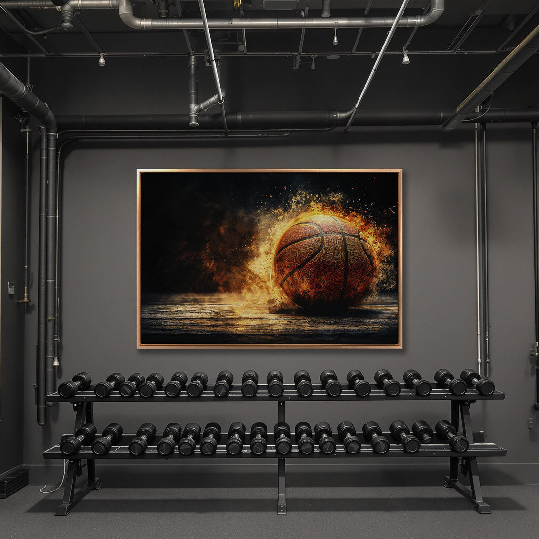 Framed Wall Art: Dynamic basketball canvas print with fiery effects. Warm orange and black color palette. Perfect for a gym or sports-themed room.