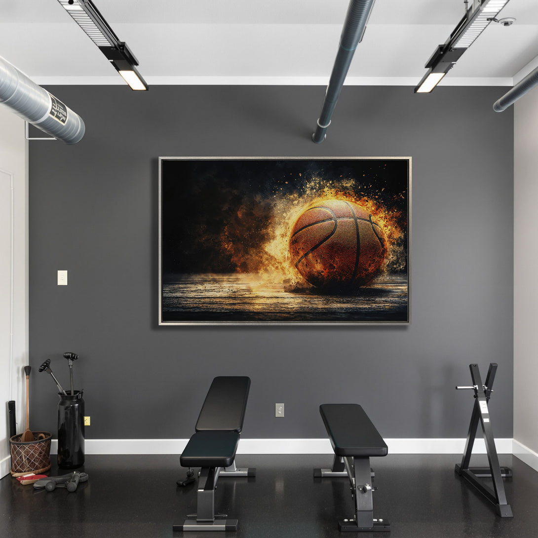 Framed Wall Art: Fiery basketball art in a modern gym. Dramatic, abstract style with warm orange and black color palette. Perfect for sports enthusiasts!