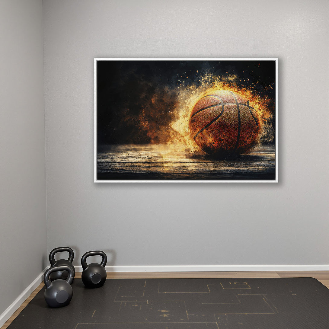 Framed Wall Art: Fiery basketball art print in a modern style. Warm orange and brown hues against a dark background. Perfect for sports enthusiasts.