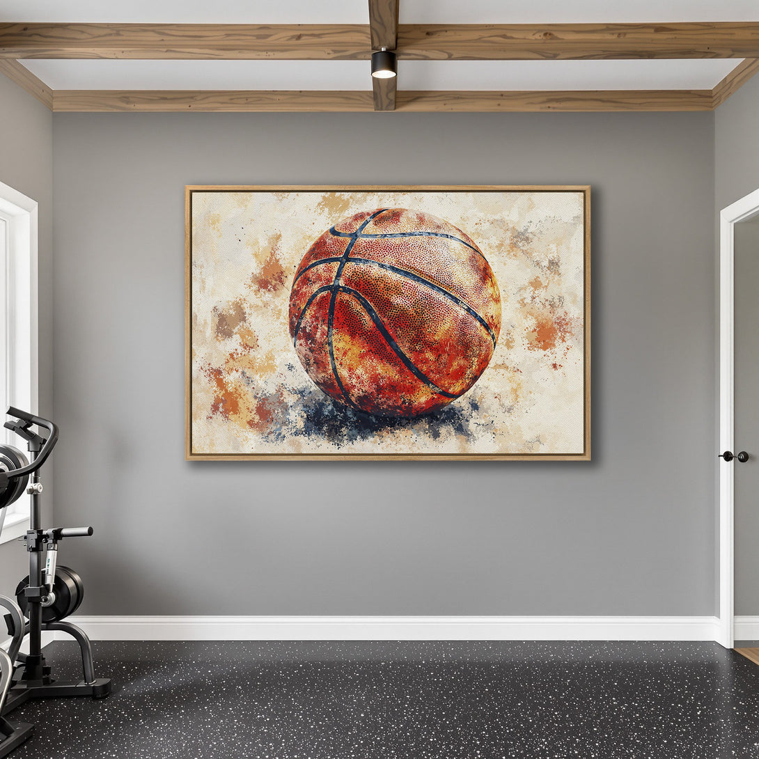 Framed Wall Art: Abstract basketball art print in warm orange and brown tones. Modern style wall decor for your home gym or sports room.