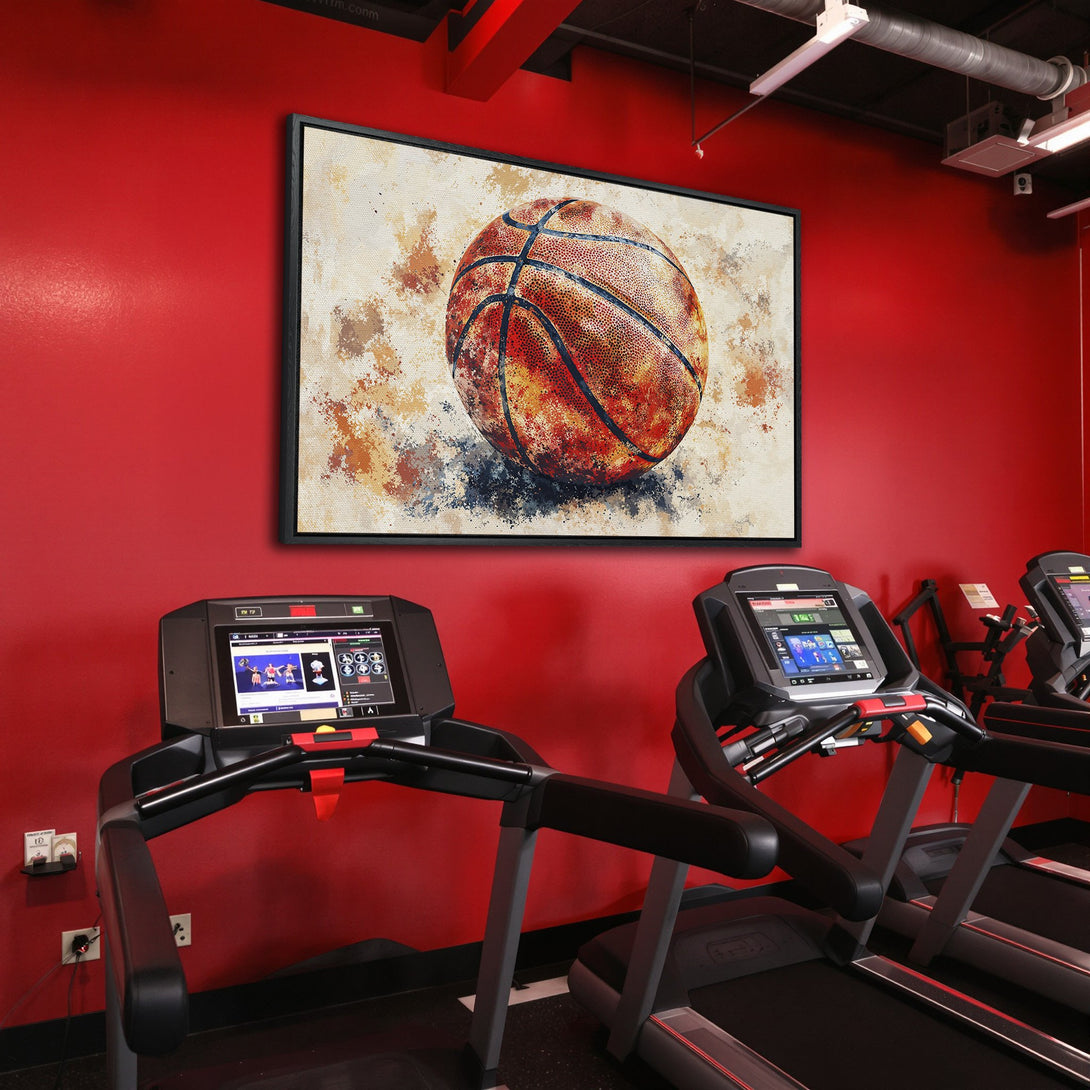 Framed Wall Art: Abstract basketball art in warm tones. Perfect for a gym or sports-themed space. Adds a pop of color to any room!