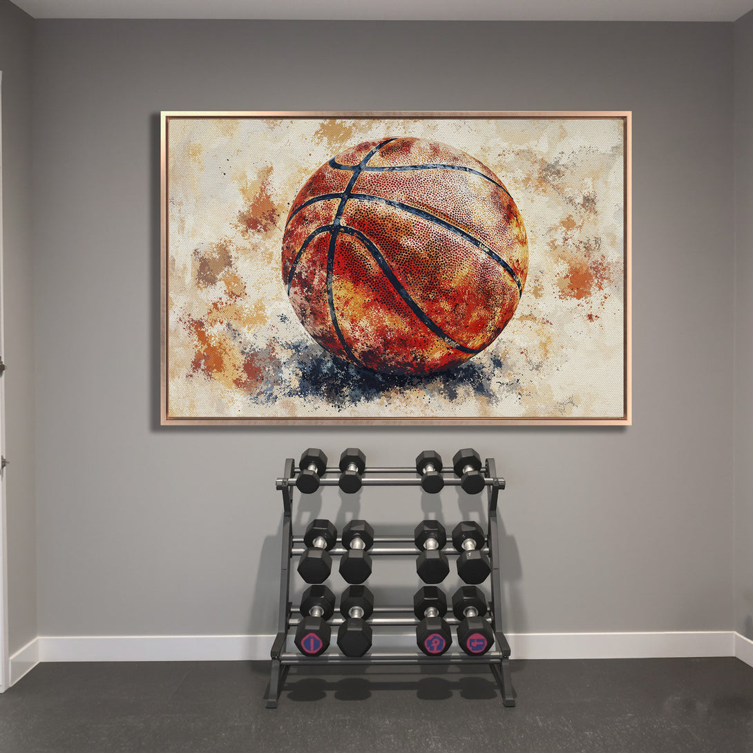 Framed Wall Art of a basketball in a modern, abstract style. Warm, earthy color palette with orange, brown, and blue tones. Perfect for home gyms!