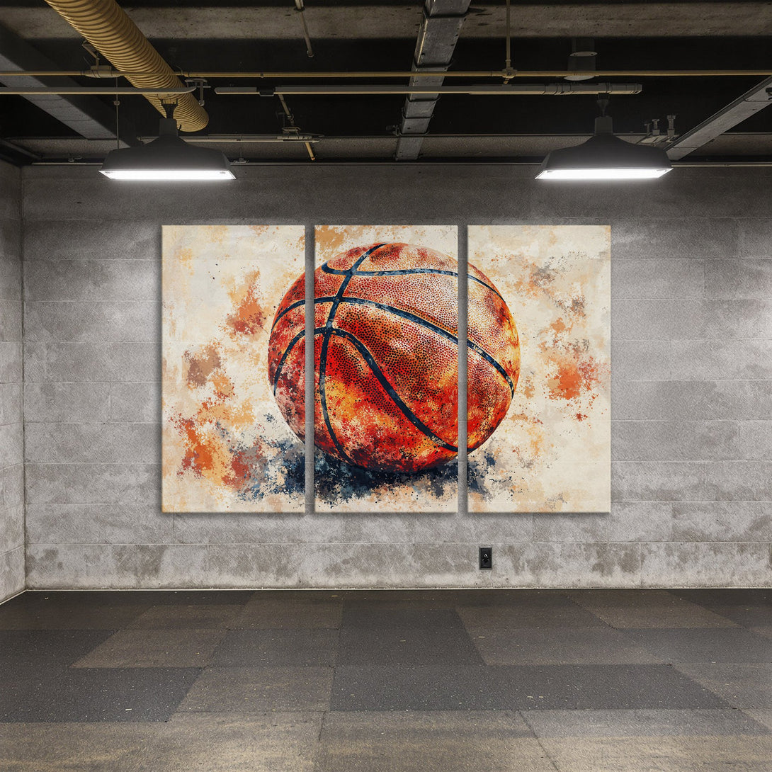 Canvas Print of a basketball in an abstract style with warm orange and blue tones, perfect for sports fans.