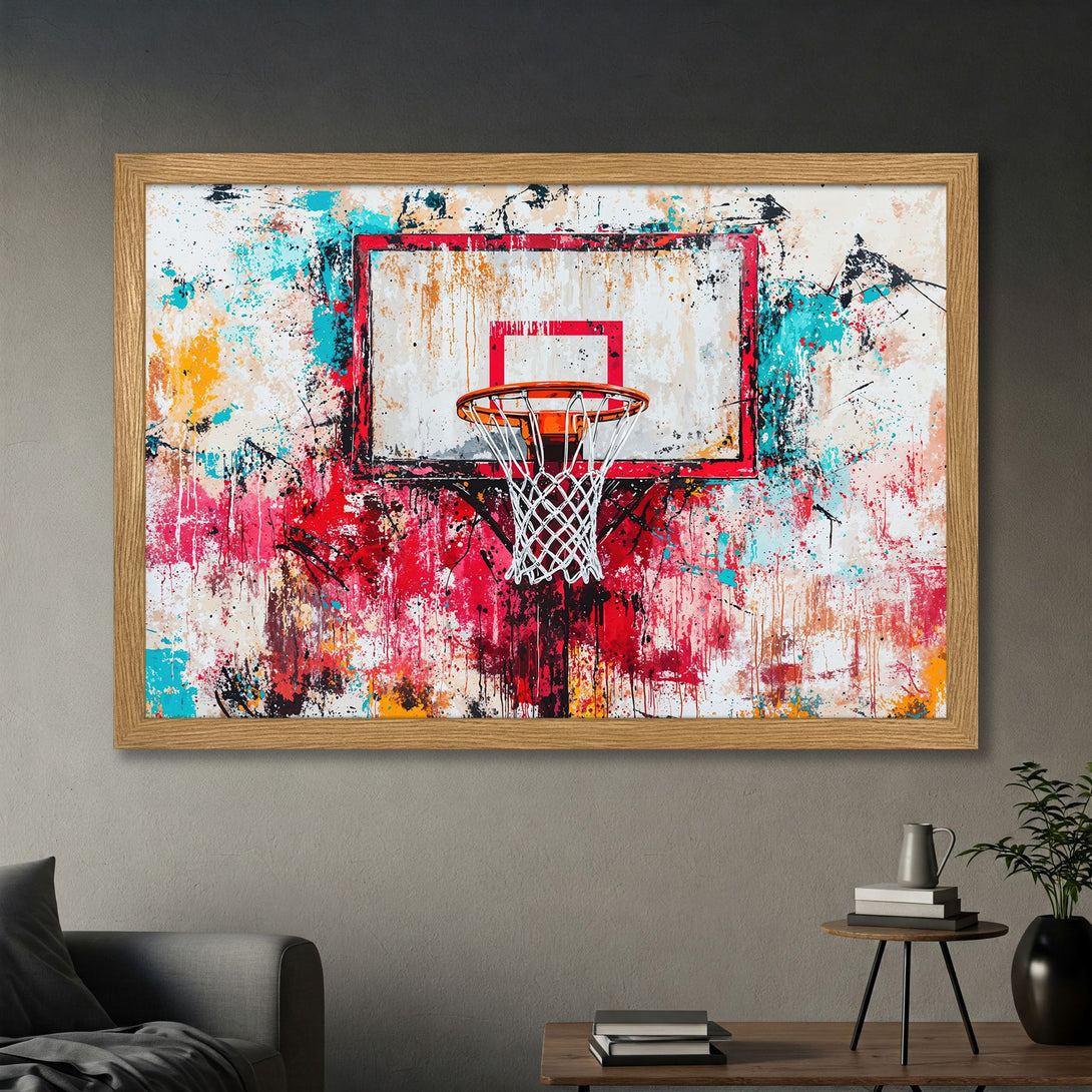Framed Poster featuring a basketball hoop with an abstract, colorful splatter art style. Red, blue, and yellow hues. Perfect wall art!