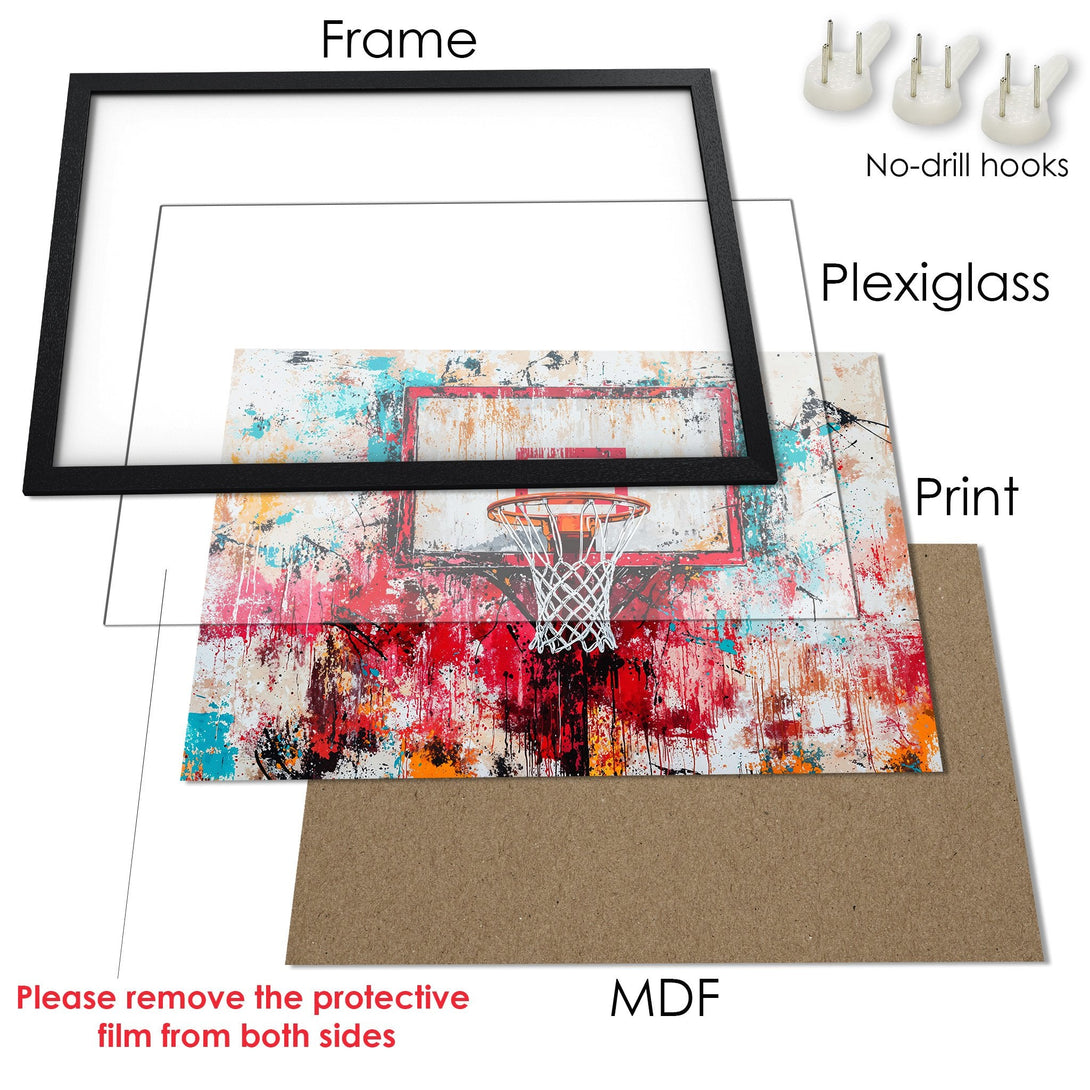 Framed Poster featuring a basketball hoop in an abstract, colorful style. Vibrant red, blue, and orange hues. Perfect wall art!