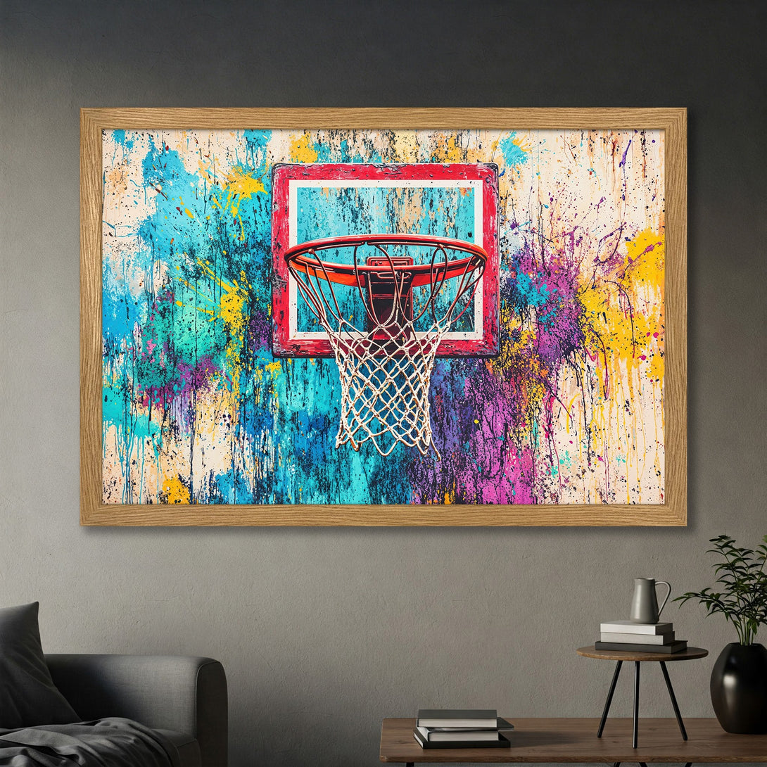 Framed Poster featuring a basketball hoop with vibrant, abstract paint splatters in a colorful palette. Perfect wall art!