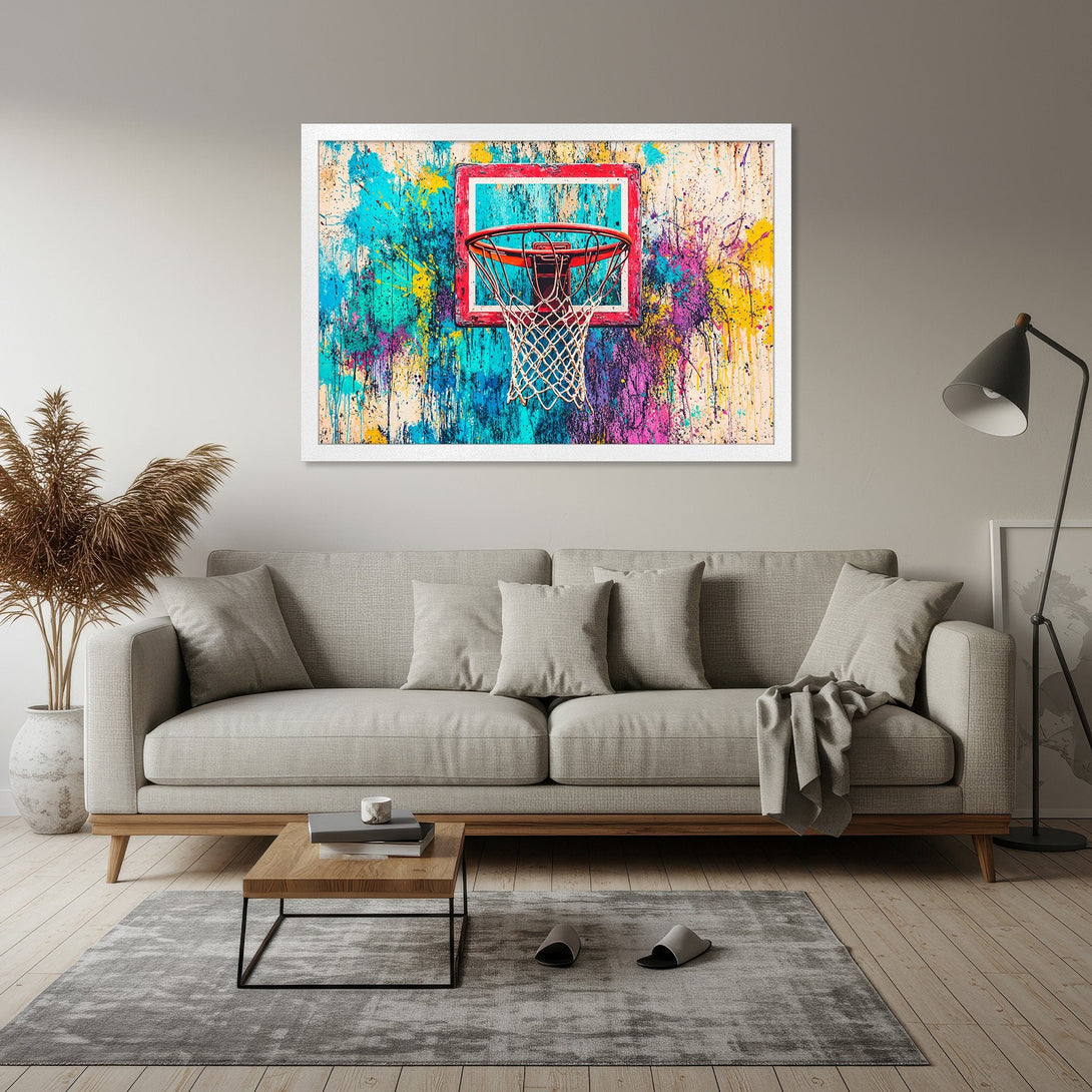 Framed Poster featuring a vibrant basketball hoop art print with colorful abstract paint splashes. Modern decor, perfect for any room!