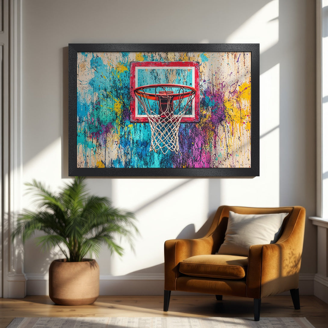 Framed Poster featuring a basketball hoop with colorful abstract splatter art. Vibrant blues, yellows, and purples. Perfect wall art for any space!