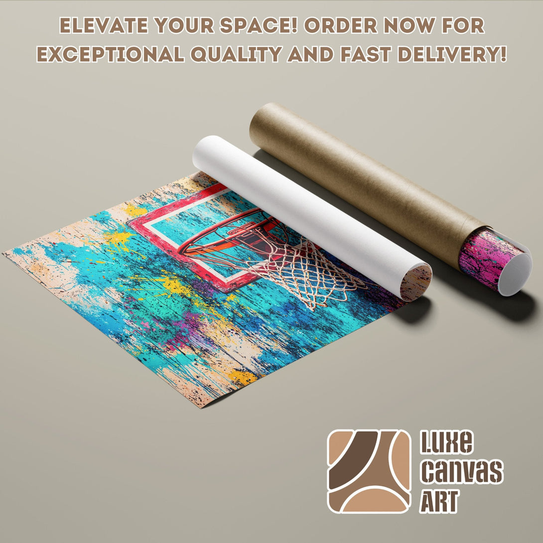 Abstract basketball hoop poster roll with vibrant blue, pink, and yellow colors. Elevate your space with this unique Poster!
