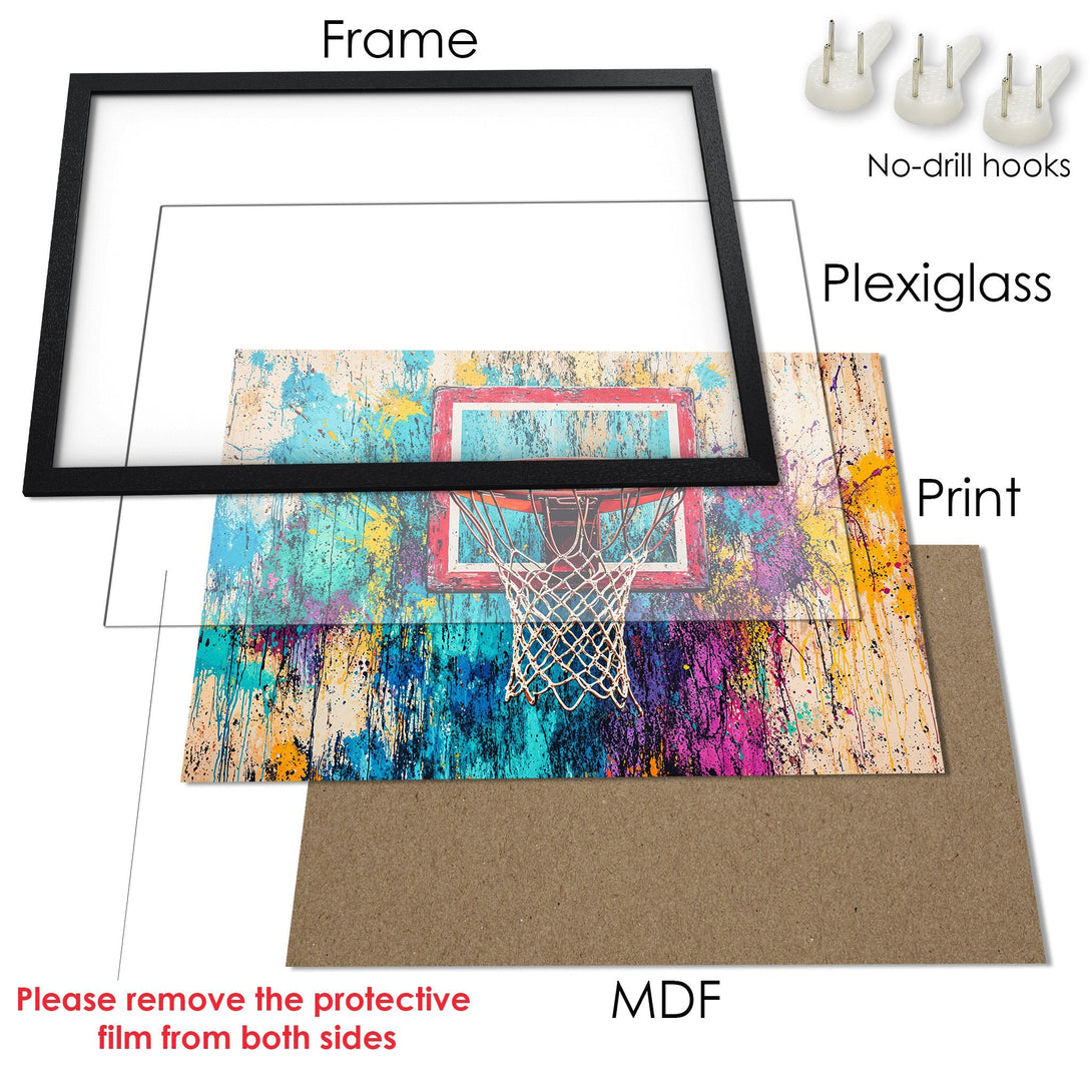 Framed Poster featuring a basketball hoop in a colorful, abstract style. Vibrant blues, pinks, and yellows. Perfect wall art!