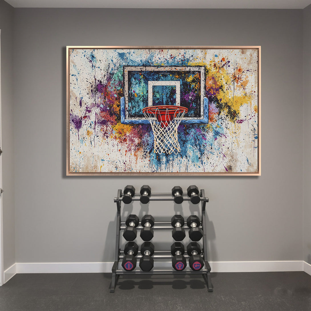 Framed Wall Art: Abstract basketball hoop painting with vibrant, colorful splatters. Modern art canvas print perfect for home gym decor.