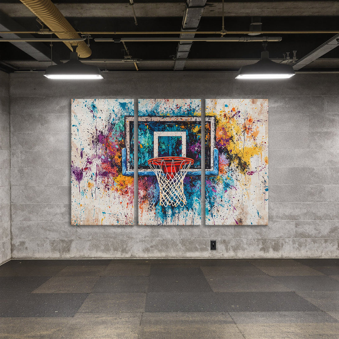 Canvas Print of abstract basketball hoop art. Colorful splatter style with blue, yellow, purple, and red hues. Perfect for sports fans!