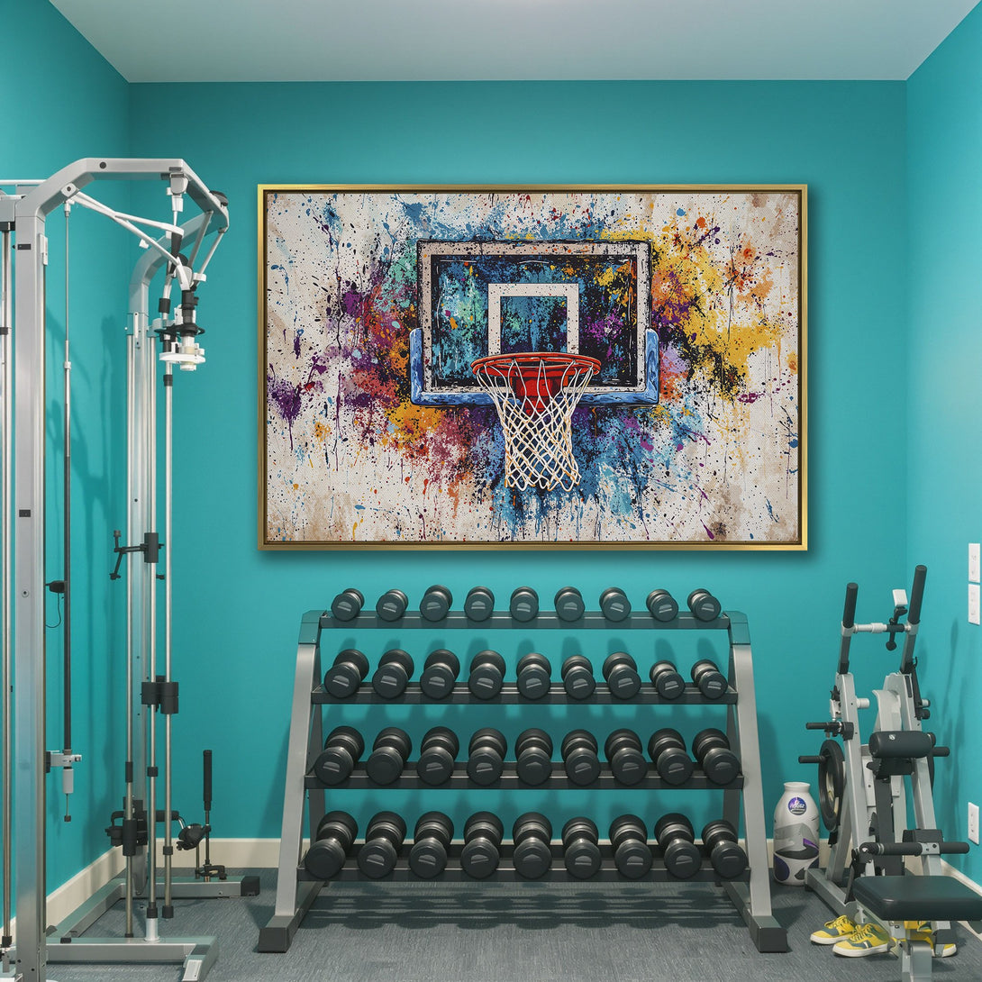 Abstract basketball hoop Canvas Print with vibrant, colorful splatter art. Modern wall decor in a gym setting.