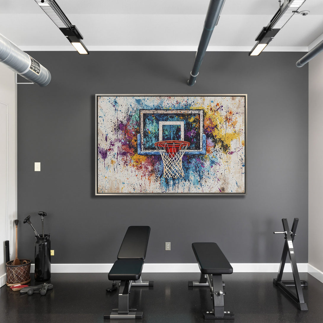 Framed Wall Art: Abstract basketball hoop art with vibrant paint splatters. Modern canvas print in a colorful palette, perfect for home gyms.