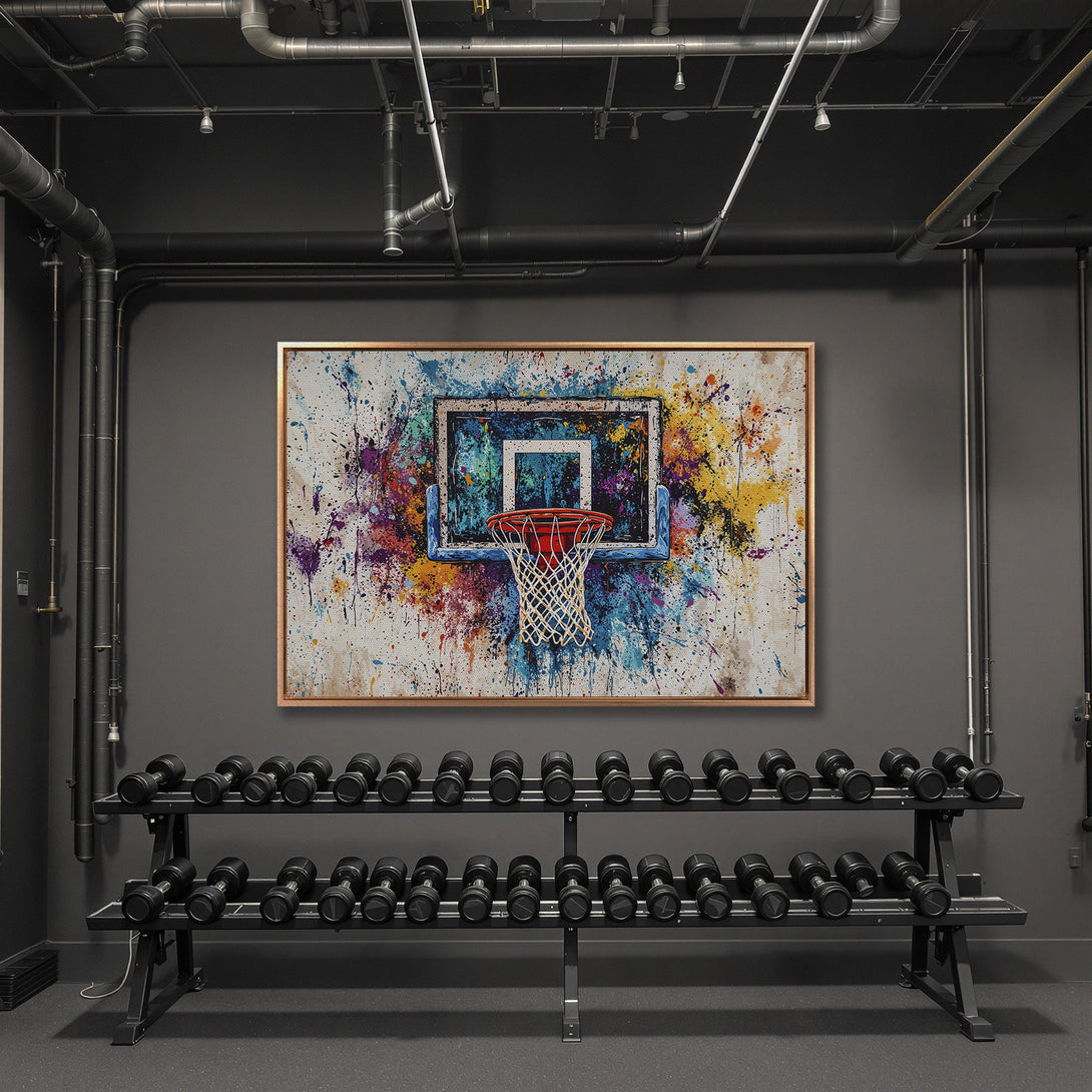 Framed Wall Art: Abstract basketball hoop canvas print with vibrant splashes of color. Modern art for home or gym decor.