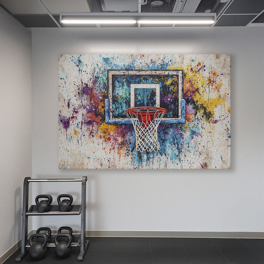 Framed Wall Art: Abstract basketball hoop canvas print with vibrant splashes of color, perfect for a gym or home decor.