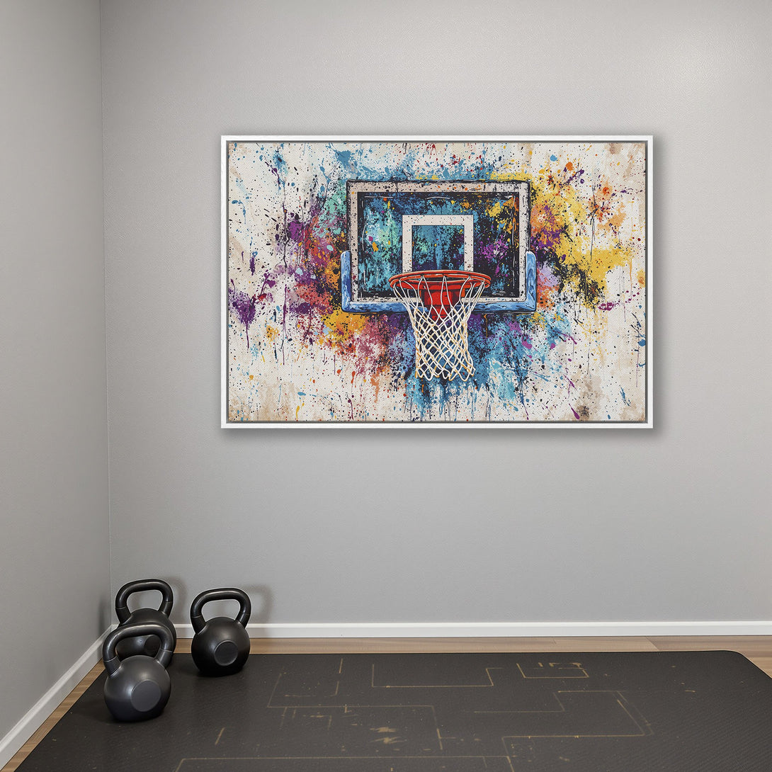 Framed Wall Art: Abstract basketball hoop print with colorful paint splatter. Modern art in a room setting. Sports-themed decor, vibrant color palette.