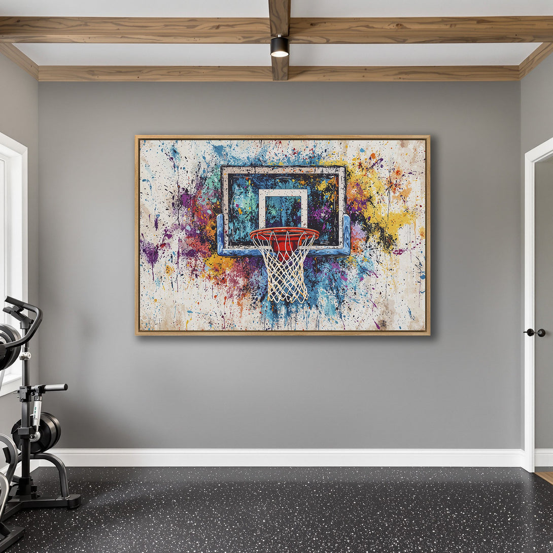 Framed Wall Art featuring a vibrant, abstract basketball hoop. Colorful splatter art style with a bold blue, red, and yellow palette. Perfect for sports fans!
