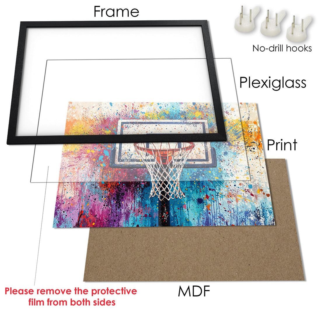 Framed Poster featuring a basketball hoop with colorful splatter art, perfect wall decor. Vibrant palette.