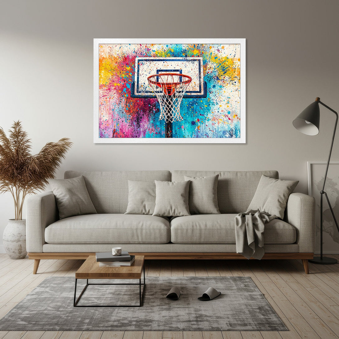 Framed Poster featuring a vibrant basketball hoop art print. Abstract style with colorful paint splatter design. Perfect for sports fans!